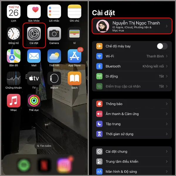 Mở ứng dụng Cài đặt và chọn tài khoản Apple ID trên iPhone.