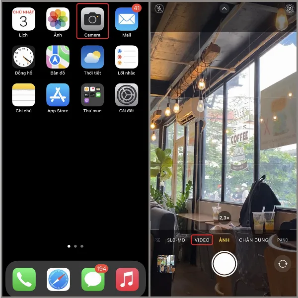Mở ứng dụng Camera trên iPhone và chuyển sang chế độ Video