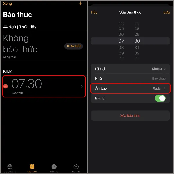 Mở ứng dụng Đồng hồ và chọn Âm báo