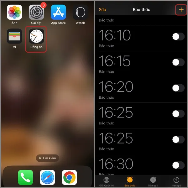 Mở ứng dụng Đồng hồ và tạo báo thức mới