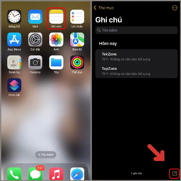 Mở ứng dụng Ghi Chú và tạo ghi chú mới trên iPhone