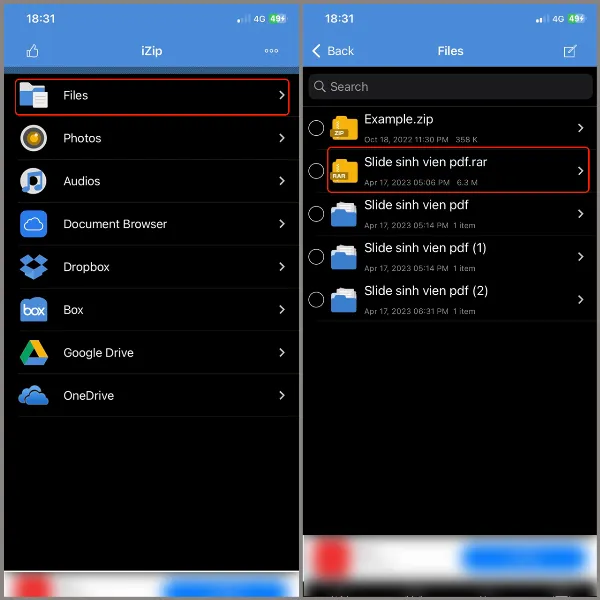 Mở ứng dụng iZip và chọn file RAR cần giải nén