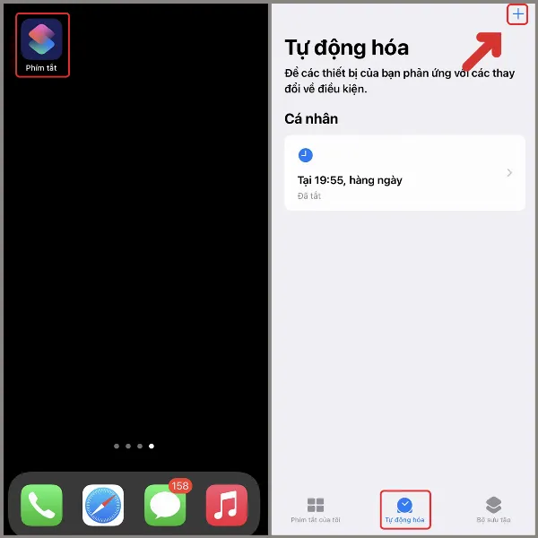 Mở ứng dụng Phím tắt, chọn Tự động hóa và nhấn dấu cộng
