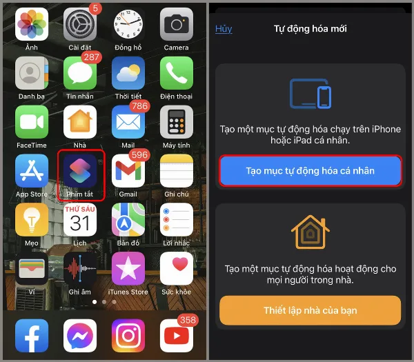 Mở ứng dụng Phím tắt, chọn Tự động hóa và Tạo mục tự động hóa cá nhân.