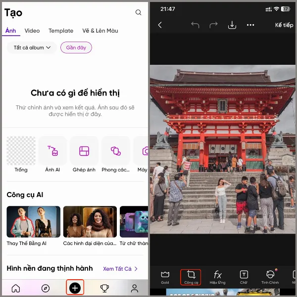 Mở ứng dụng PicsArt, chọn ảnh và chọn Công cụ