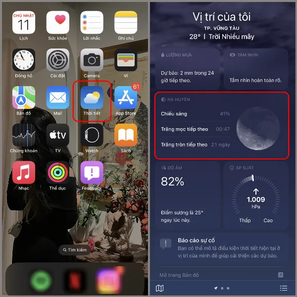 Mở ứng dụng Thời tiết và tìm mục thông tin mặt trăng trên iPhone chạy iOS 17