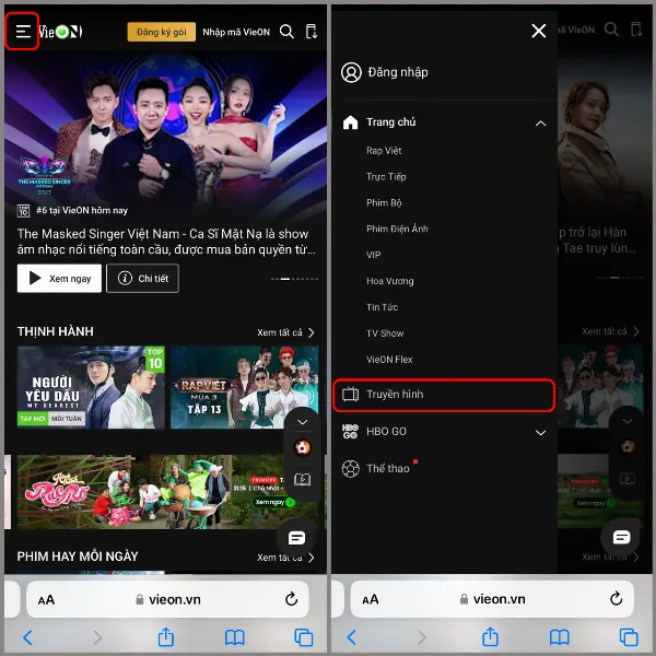 Mở ứng dụng VieON và chọn mục Truyền hình