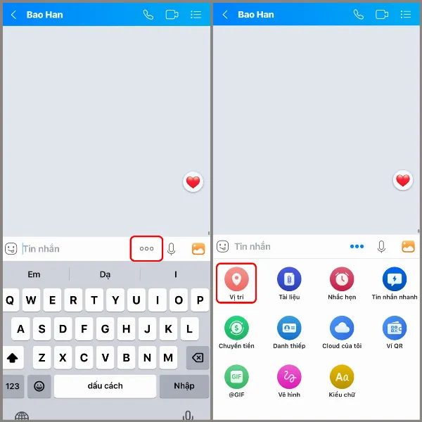 Mở ứng dụng Zalo, vào cuộc trò chuyện, chọn biểu tượng ba chấm và chọn mục Vị trí