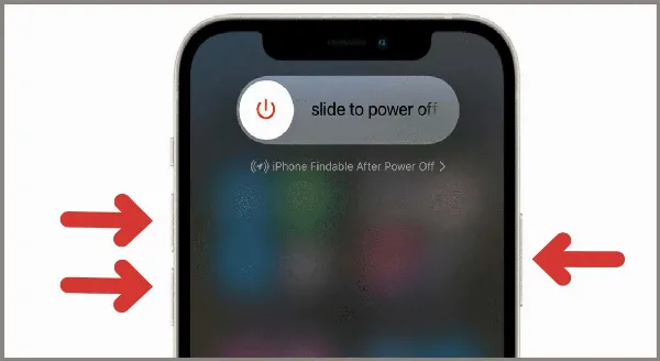 Một chiếc iPhone 13 màu xanh dương, đang hiển thị màn hình "Trượt để tắt nguồn"