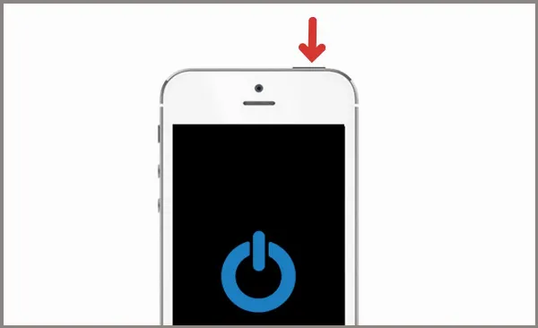Một chiếc iPhone 5s màu bạc với nút Nguồn ở cạnh trên, đang hiển thị màn hình "Trượt để tắt nguồn"