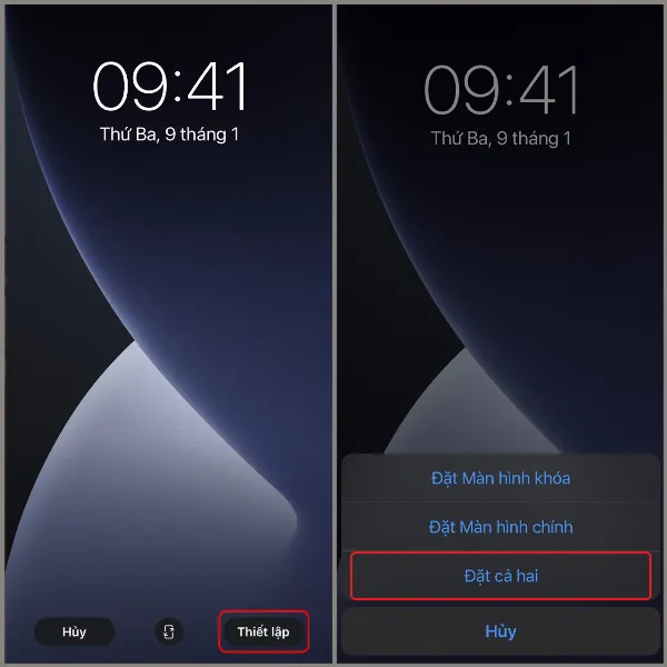 Một chiếc iPhone hiển thị màn hình khóa với hình nền iOS 14 mới được áp dụng, hình nền là một thiết kế trừu tượng với các dải màu xanh lam và tím, tạo cảm giác hiện đại và nổi bật.