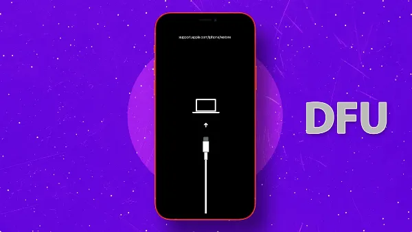 Một chiếc iPhone màu đen được kết nối với máy tính qua cáp, với màn hình hiển thị logo Apple và thanh tiến trình, thể hiện quá trình khôi phục iPhone bằng chế độ DFU