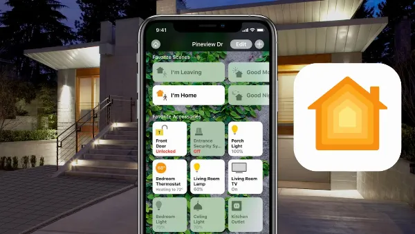 Một ngôi nhà thông minh tích hợp Apple HomeKit với các thiết bị như đèn, khóa cửa, camera an ninh, loa thông minh, được điều khiển qua iPhone