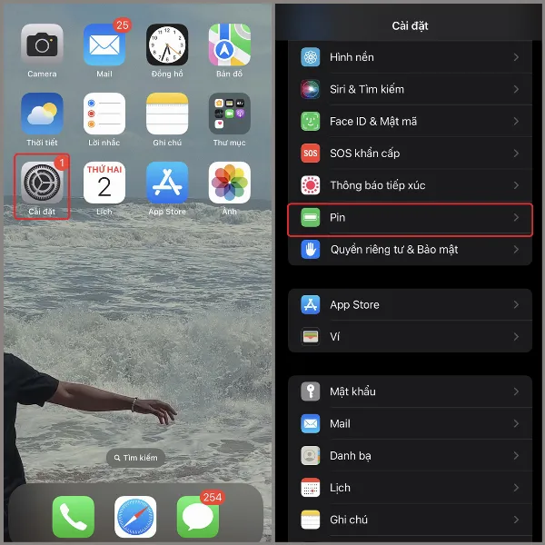 Cách xem tình trạng pin iPhone, giúp bạn biết chất lượng còn tốt hay không và có kế hoạch thay thế kịp thời 1 Một người đang cầm chiếc iPhone màu đen và mở ứng dụng Cài đặt, chọn mục Pin