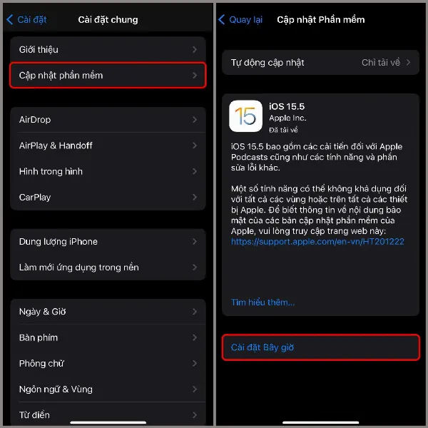 Một người dùng đang thực hiện thao tác cập nhật phần mềm trên điện thoại iPhone