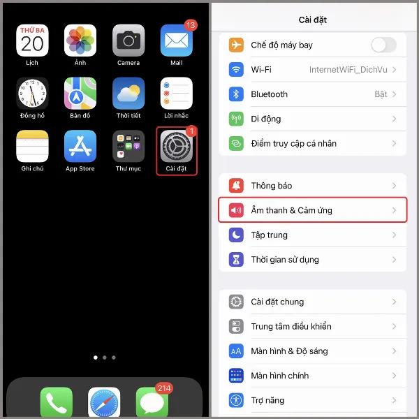 Mục Âm thanh và Cảm ứng trong cài đặt iPhone
