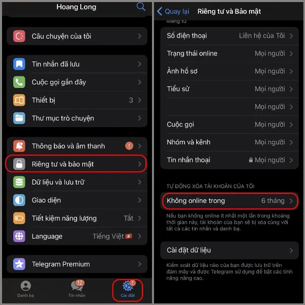 Mục cài đặt riêng tư và bảo mật trên Telegram