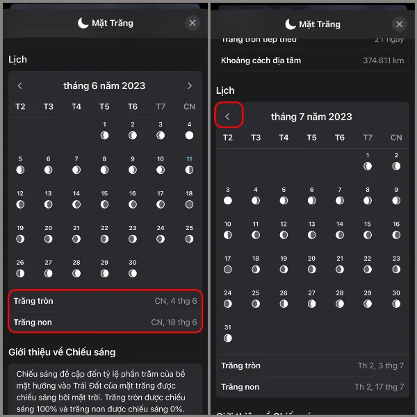 Mục Lịch trong ứng dụng Thời tiết trên iOS 17 hiển thị ngày trăng tròn và trăng non