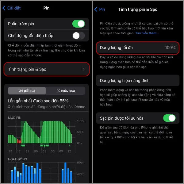 Mục Tình trạng pin & Sạc trong Cài đặt Pin