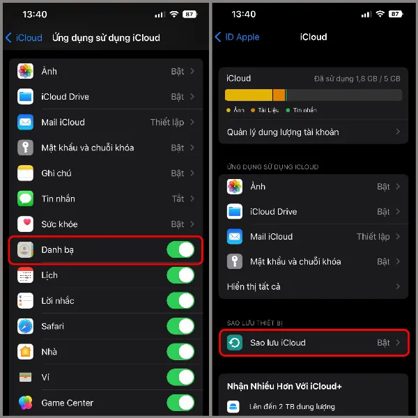 Người dùng bật tùy chọn Danh bạ và chọn Sao lưu iCloud trên điện thoại iPhone