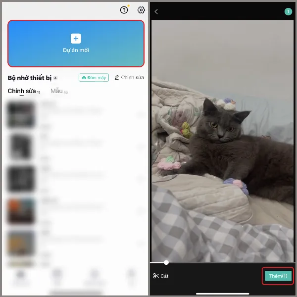 Người dùng chọn nút "Dự án mới" và video cần chỉnh sửa trên ứng dụng CapCut