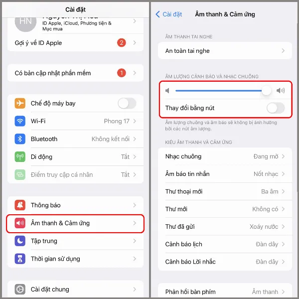 Người dùng đang điều chỉnh âm lượng cảnh báo và nhạc chuông trên iPhone
