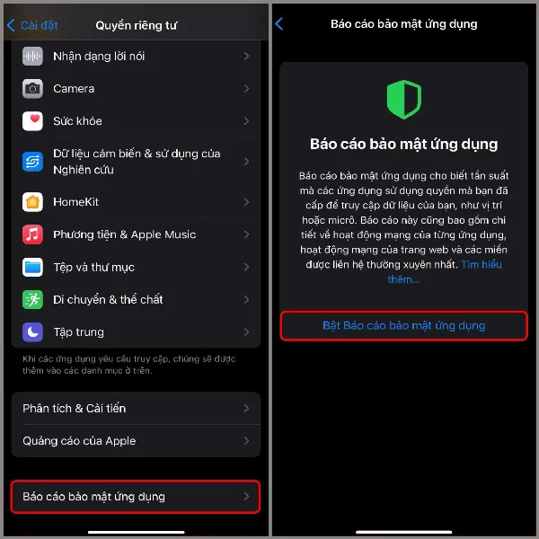 Người dùng iPhone đang bật tính năng Báo cáo bảo mật ứng dụng trong phần cài đặt Quyền riêng tư