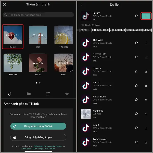 Người dùng tìm kiếm và chọn bài hát yêu thích trong thư viện nhạc của CapCut