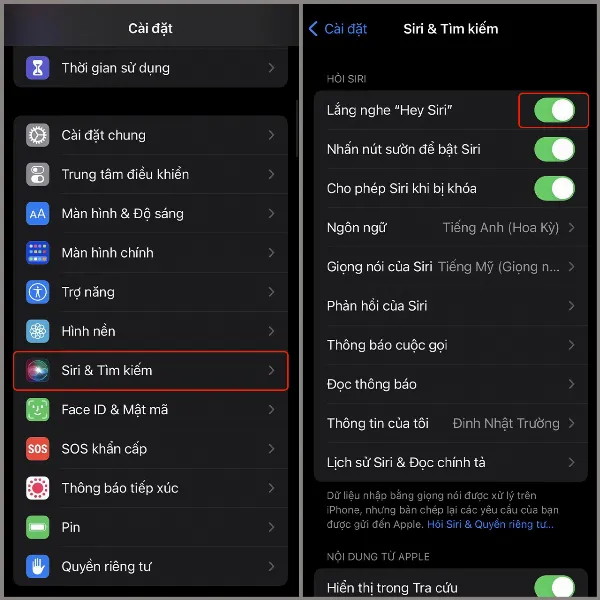 Người dùng vào phần cài đặt trên điện thoại iPhone để bật tính năng Hey Siri