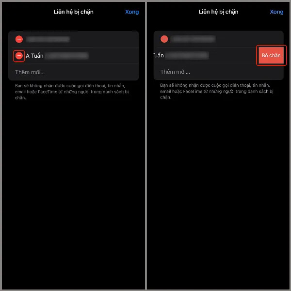 Nhấn dấu trừ màu đỏ và chọn Bỏ chặn