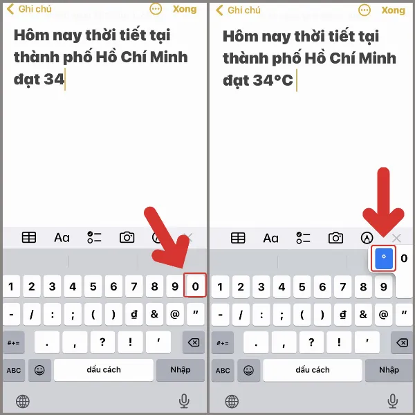Nhấn giữ số 0 và chọn biểu tượng độ C trên bàn phím iPhone
