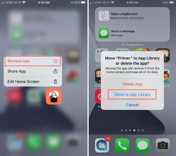 Nhấn giữ ứng dụng, chọn Xóa ứng dụng và Di chuyển vào Thư viện ứng dụng.