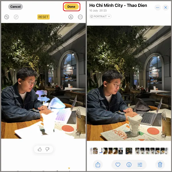Nhấn Hoàn tác để khôi phục ảnh gốc hoặc nhấn Xong để lưu ảnh đã chỉnh sửa trên iOS 18.1 Beta 3