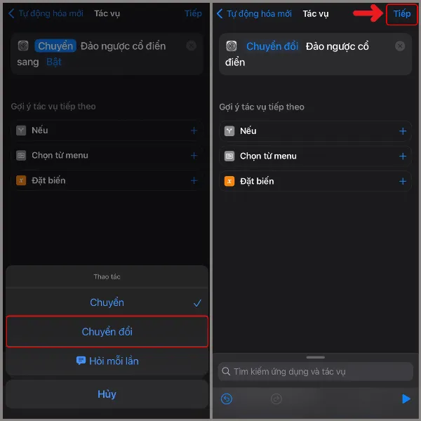 Nhấn vào chữ Chuyển và chọn Chuyển đổi, sau đó nhấn Tiếp