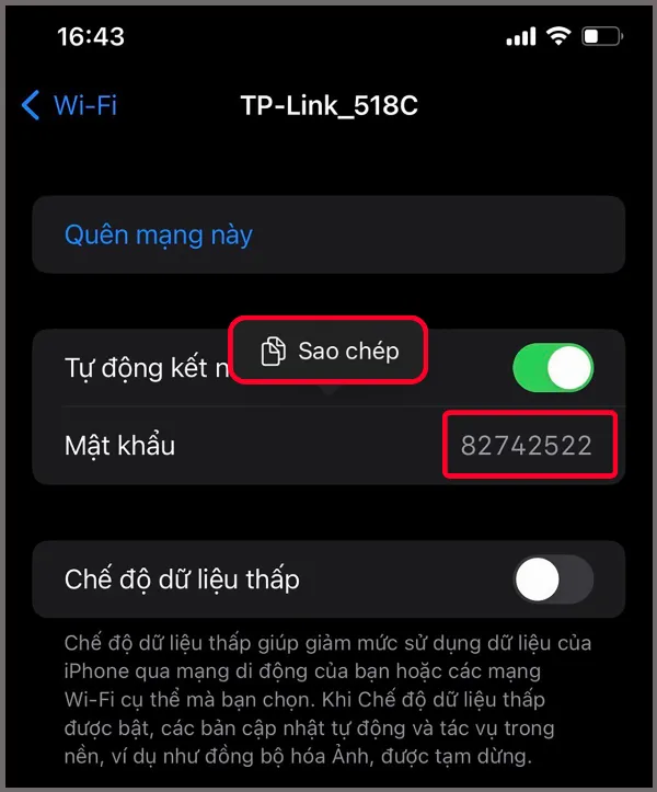Nhấn vào mục Mật khẩu và sao chép mật khẩu Wi-Fi