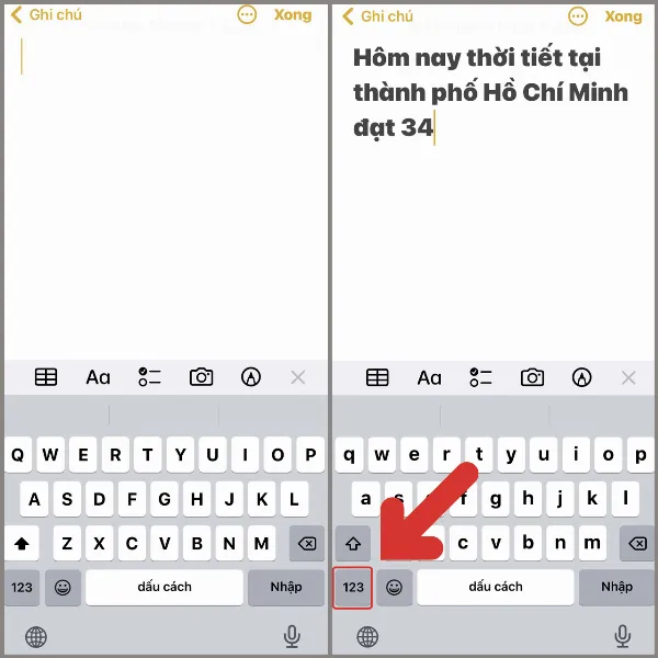 Nhấn vào nút 123 trên bàn phím iPhone để nhập ký tự đặc biệt