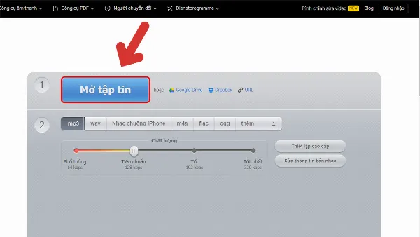 Nhấn vào nút Mở tập tin trên trang Audio Converter