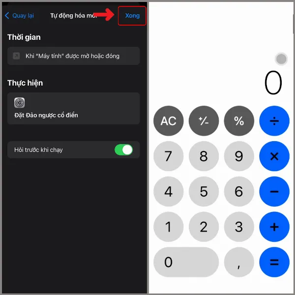 Nhấn Xong để hoàn tất, giao diện mới của ứng dụng Máy tính