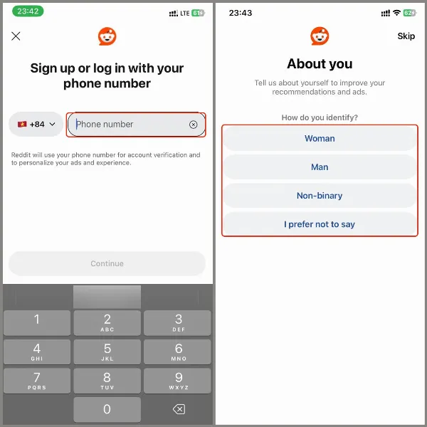 Nhập mã xác nhận được gửi đến số điện thoại vào ứng dụng Reddit
