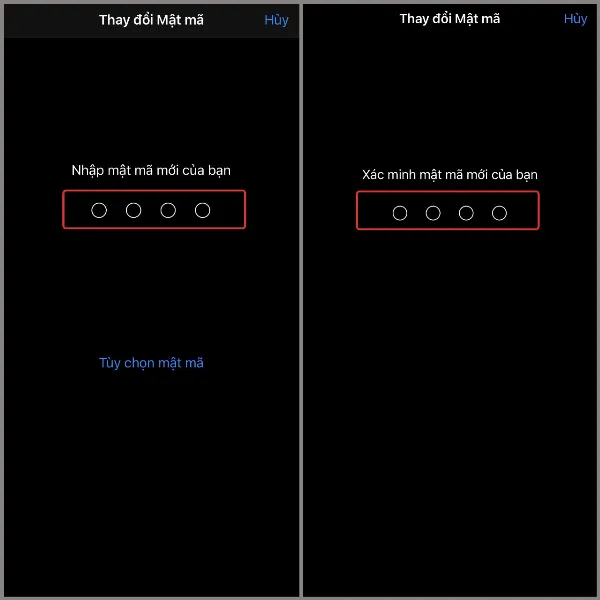 Nhập mật khẩu 4 số mới, xác nhận lại mật khẩu