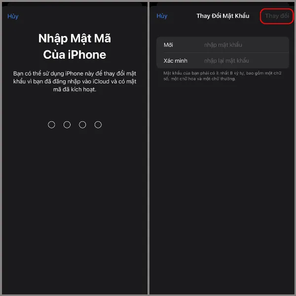 Nhập mật mã iPhone, tạo mật khẩu Apple ID mới và xác nhận thay đổi.