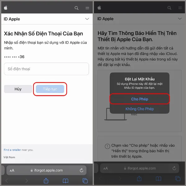 Nhập số điện thoại liên kết với Apple ID, nhấn Tiếp tục và Cho phép trên thiết bị.