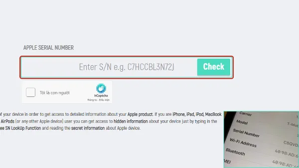Nhập số sê-ri vào trang web IMEI.info
