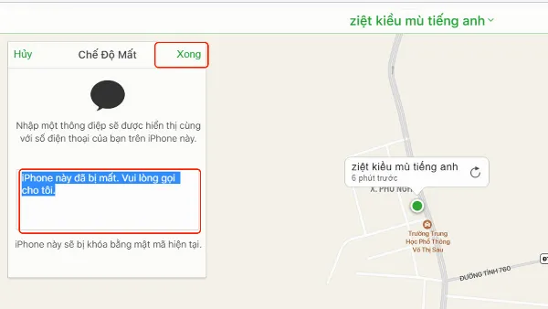 Nhập thông điệp tùy chọn và hoàn tất kích hoạt Chế Độ Mất