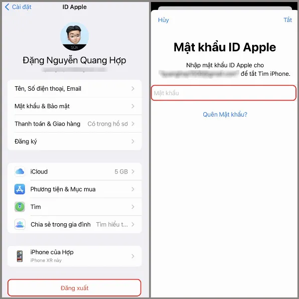 Nút đăng xuất tài khoản Apple ID