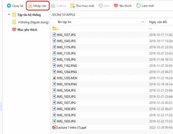 Nút Nhập vào được tô sáng trong 3uTools, sẵn sàng để người dùng chọn và nhập dữ liệu từ máy tính vào iPhone
