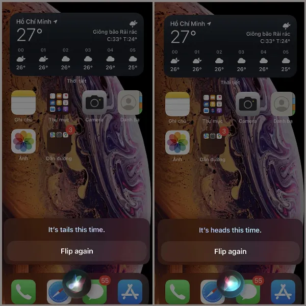 Siri đang tung đồng xu với hai mặt ngửa và sấp