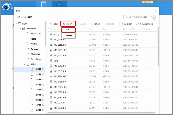 Sử dụng chức năng Import File để bắt đầu chuyển ảnh vào iPhone