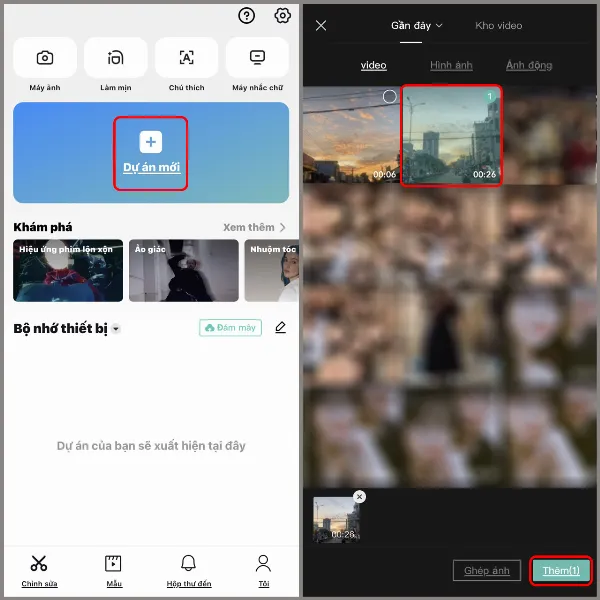 Tải ứng dụng CapCut và chọn Dự án mới