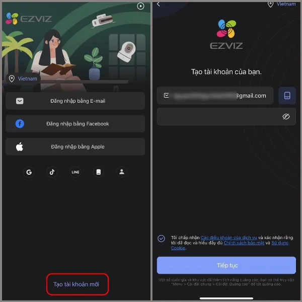 Tạo tài khoản mới trên ứng dụng EZVIZ